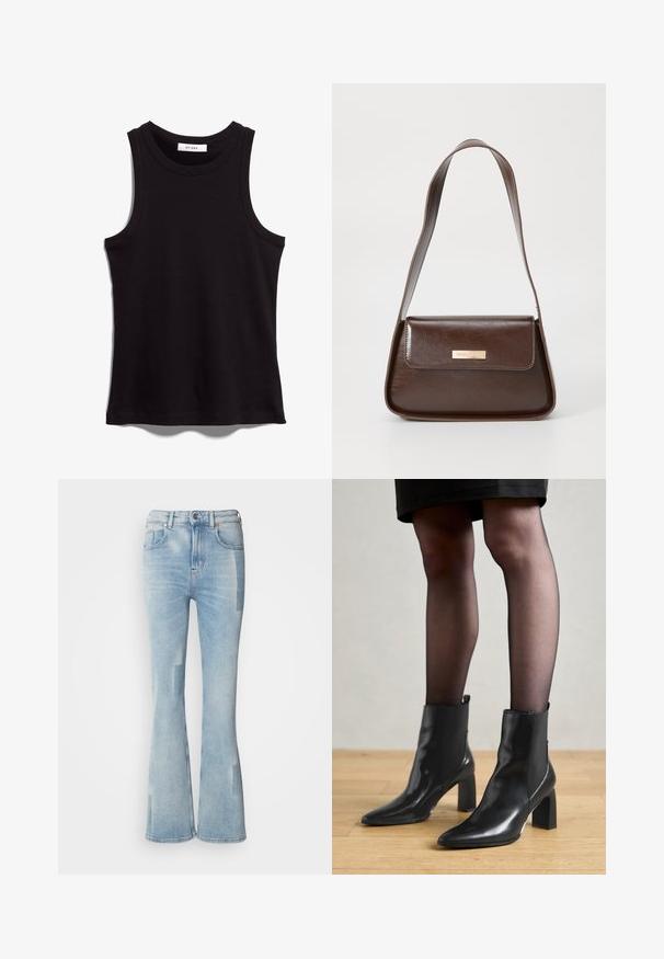 Canotta nera realizzata in tessuto a costine. Presenta un colletto rotondo e ampie aperture per le braccia. Orlo dritto con dettagli cuciti. Design semplice.; Scotch & Soda THE GLOW - Jeans bootcut - art from the heart; Stivaletti neri in pelle con punta affusolata, tacco quadrato imponente e design elegante. Dotati di pannelli laterali elasticizzati per una facile vestibilità.; Borsa a spalla in pelle marrone con una forma strutturata, dotata di chiusura a patta magnetica e un accento di logo metallico sul davanti.; Orecchini a cerchio in oro con una forma irregolare e texture. Presentano una chiusura senza giunture e una finitura superficiale lucida, che enfatizza un design moderno.