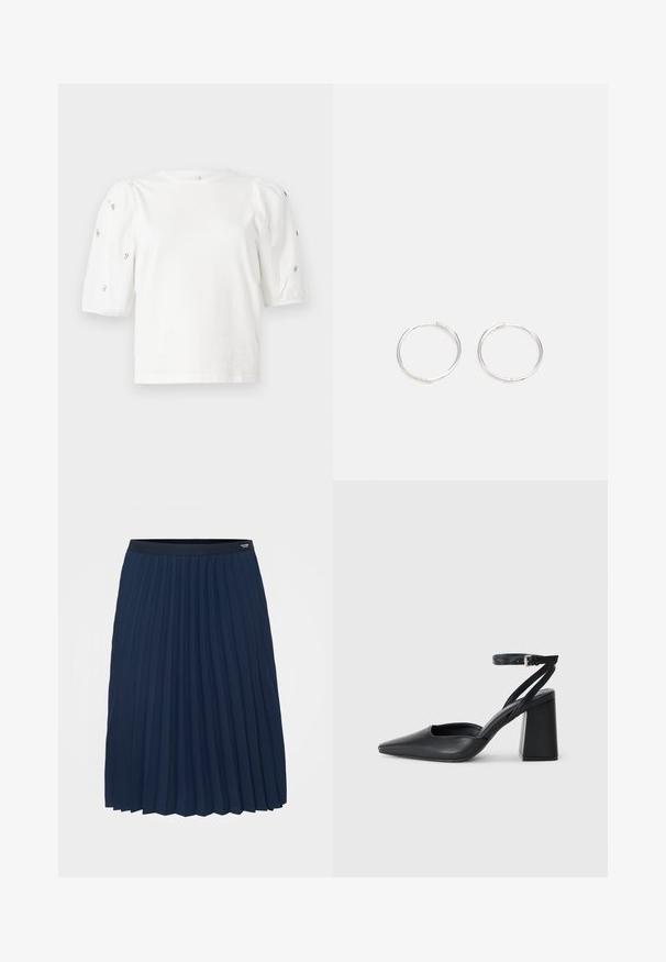 Biela bavlnená tričko s krátkymi volánovými rukávmi, zdobené malými striebornými ozdobami pozdĺž rukávov. Klasický okrúhly výstrih, voľný strih.; Tommy Hilfiger Curve FLUID PLEATED MIDI SKIRT - Skladaná sukňa - dark night navy; Čierne kožené lodičky s špicatou špičkou a členkovým remienkom, s masívnym podpätkom. Hladký povrch, elegantný dizajn a minimalistická estetika.; Strieborné kruhové náušnice s elegantným, okrúhlym dizajnom, s hladkým povrchom a bez viditeľných ozdôb. Priemer nie je špecifikovaný.