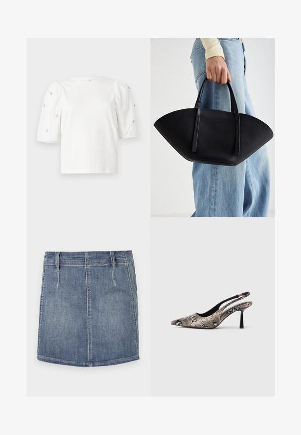 Hvit bomull T-skjorte med korte pufferm, med små sølvdekorasjoner langs ermene. Klassisk rund hals, avslappet passform.; Jeansminiskjørt i lys blå med klassisk snitt. Har frontlommer og beltehemper, med rett kant og subtil slitasje.; Pekefotede slingback-sko laget av teksturert slange-print materiale, med en slank svart hæl og et utskjæringsdesign på sidene.; Svart skinnveske med en unik vifteform, med flate håndtak. Overflaten har en pebblelignende tekstur og et minimalistisk design.