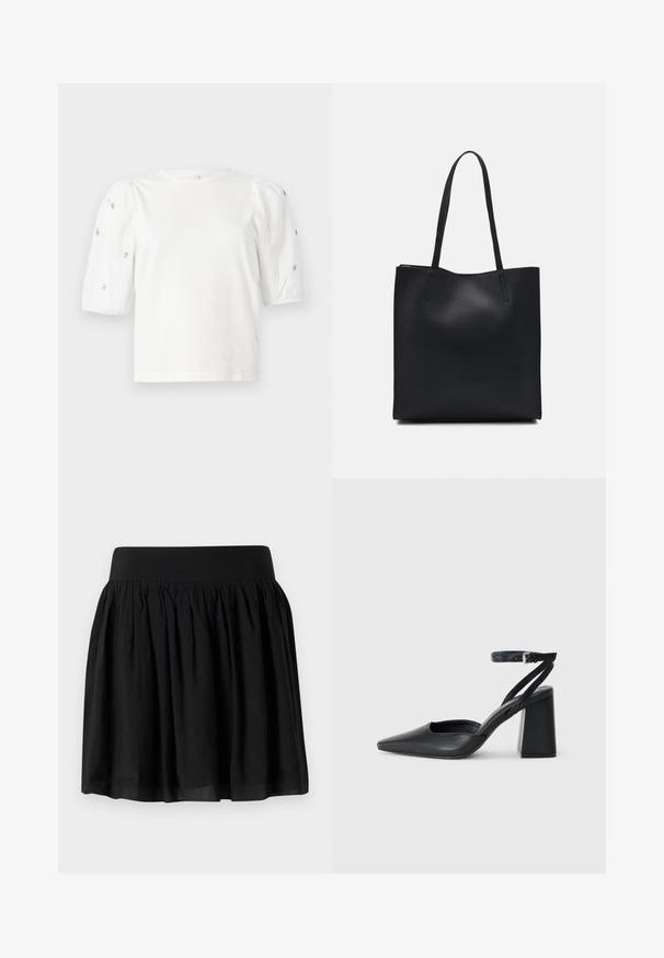 T-shirt branca de algodão com mangas puff curtas, apresentando pequenos embellissements prateados ao longo das mangas. Decote redondo clássico, corte descontraído.; Saia de tecido preto com uma cinta larga, design franzido e forma rodada. A textura parece suave com um acabamento leve.; Sandal com biqueira afilada em couro preto, com cinta no tornozelo e salto grosso. Textura lisa, design elegante e estética minimalista.; Bolsa tote preta em couro com textura lisa, forma retangular e duas alças longas. Sem hardware ou enfeites visíveis.