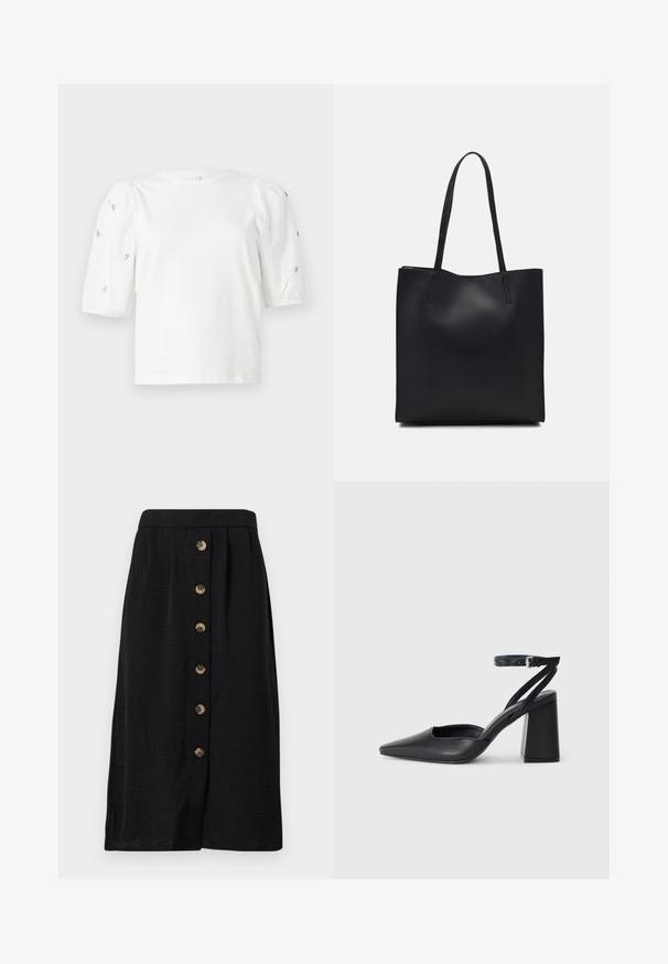 Hvid bomulds t-shirt med korte puffærmer, med små sølv detaljer langs ærmerne. Klassisk rund halsudskæring, afslappet pasform.; Sorth midi-nederdel i strikket stof, med en frontlukning med fem bronzefarvede knapper og en lige silhuet.; Sort læder spidse pumps med ankelrem og en chunky hæl. Flad tekstur, slankt design og minimalistisk æstetik.; Sort læder tote taske med glat tekstur, rektangulær form og to lange hanke. Ingen synlig hardware eller udsmykninger.