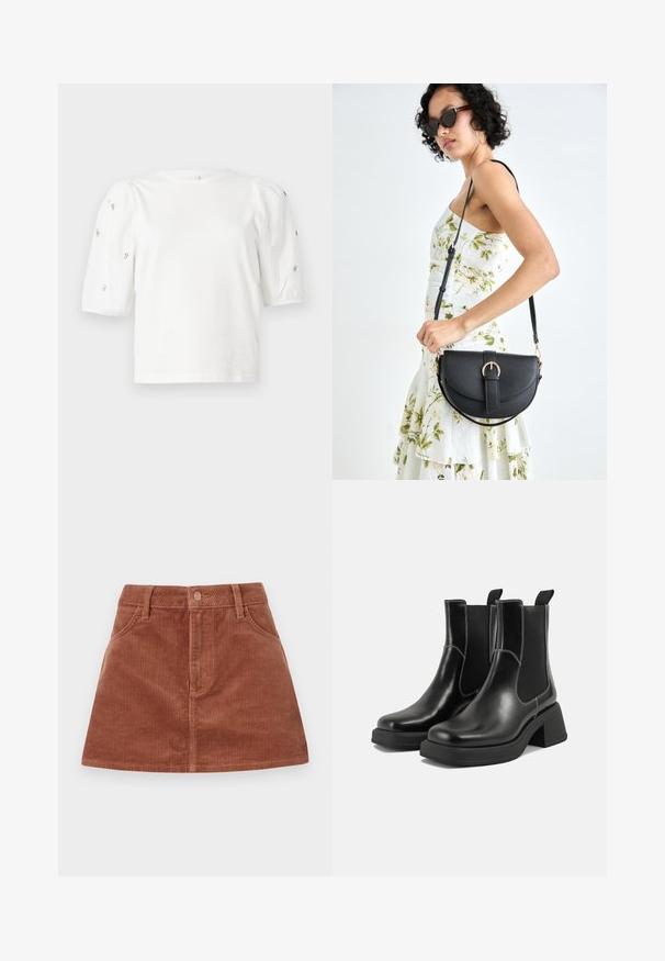 Bela bombažna majica s kratkimi rokavi s pufastimi rokavi, ki ima majhne srebrne okrase vzdolž rokavov. Klasičen okrogel izrez, sproščen kroj.; Rjava kordna mini krila z navpično rebrasto teksturo, sprednjimi žepi, gumbom za zapiranje in ravnim krojem.; Črne usnjene Chelsea škornje s širokim petami, elastičnimi stranskimi ploščami in kontrastnim belim šivanjem. Teksturirana površina.; Črna usnjena torbica s ukrivljeno obliko, z odstranljivo naramnico in zlatimi dodatki. Torbica ima pokrov s podrobnostmi v obliki zaponke.