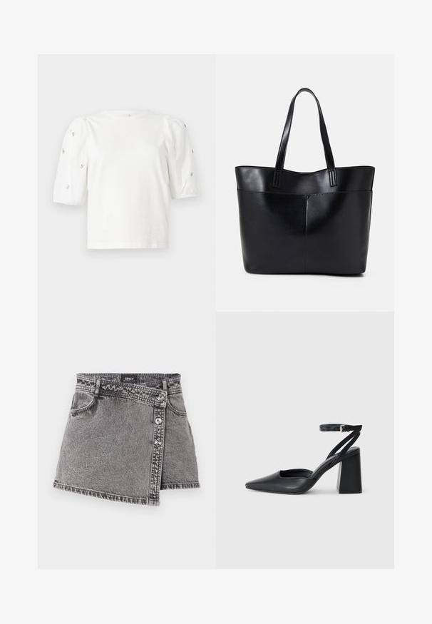 Balta kokvilnas t-kreklu ar īsām puff piedurknēm, ar nelieliem sudraba rotājumiem gar piedurknēm. Klasisks apaļš izgriezums, brīvā piegriezuma.; Pelēka denima mini svārki ar asimetrisku griezumu, ar sudraba pogu akcentiem un priekšējo kabatu detaļu. Gluda tekstūra un ikdienišķs dizains.; Melna ādas augstpapēžu kurpe ar norakstīto purngala formu, potītes siksniņu un masīlu papēdi. Gluda tekstūra, elegants dizains un minimālisma estētika.; Melnas ādas iepirkumu soma ar divām garām rokturām, gludu tekstūru un strukturētu formu. Iekļauj priekšējo kabatu papildu uzglabāšanai.