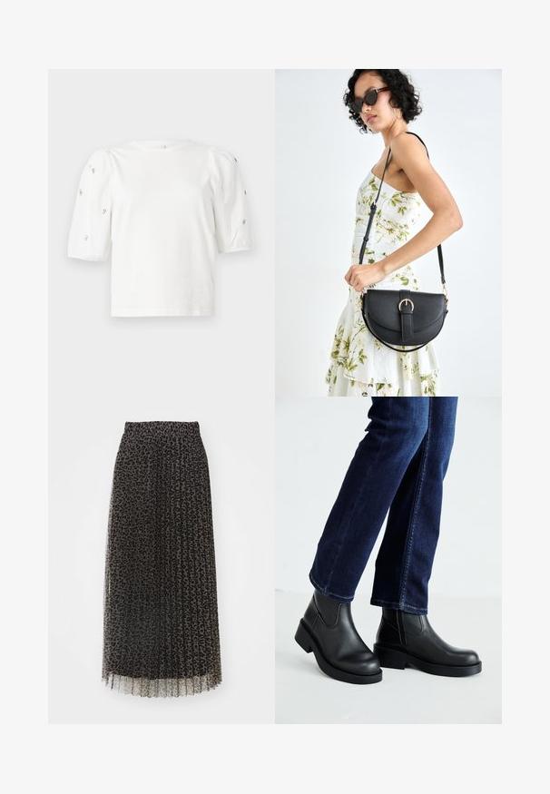 Bijela pamučna majica s kratkim puf rukavima, s malim srebrnim ukrasima duž rukava. Klasičan okrugli izrez, opušteni kroj.; Nabrani maksimalni kroj suknje od crnog tila s uzorkom leoparda. Ima elastičnu traku u struku i poluprozirnu teksturu.; Crne kožne gležnjače s debelim potplatom i bočnim elastičnim panelima, uparene s tamnoplavim trapericama. Podlogu čini svijetla boja.; Crna kožna torba s lukovitim oblikom, odvojivim remenom i zlatnim detaljima. Torba ima preklop s kopčom.