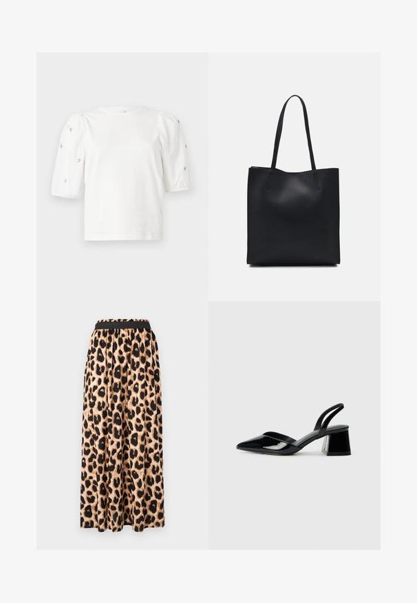 Fehér pamut póló rövid puffos ujjakkal, a ujjain kicsi ezüst díszítések találhatók. Klasszikus kerek nyakú, laza fazonú.; Leopárdmintás maxi szoknya fekete rugalmas derékkal, sima, lágy anyaggal és fodros szabással.; Fekete lakk bőr szandálkés magas sarkú cipő, hegyes orral és geometrikus tömbsarkakkal. Karcsú, minimalista dizájn és sima textúra jellemzi.; Fekete bőrtáska sima felszínnel, téglalap alakú, két hosszú füllel. Nincs látható fémkiegészítő vagy díszítés.