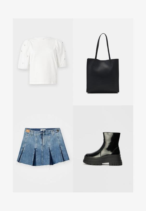 Fehér pamut póló rövid puffos ujjakkal, a ujjain kicsi ezüst díszítések találhatók. Klasszikus kerek nyakú, laza fazonú.; Világoskék farmer miniszoknya, redőzött kialakítással, nyers széllel és márkázott bőrfolttal a derékpánton. Cipzáras és gombos záródás.; Fekete fényes boka csizma vastag bordázott talppal és kerek orral, oldalnézet világos szürke háttér előtt.; Fekete bőrtáska sima felszínnel, téglalap alakú, két hosszú füllel. Nincs látható fémkiegészítő vagy díszítés.