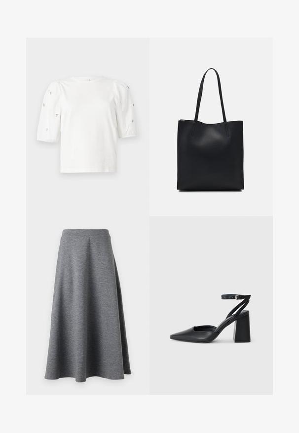 T-shirt en coton blanc à manches courtes bouffantes, avec de petites embellissements en argent le long des manches. Encolure arrondie classique, coupe décontractée.; Jupe grise, longueur genou, en matériau doux et extensible, avec un design évasé et une taille élastique pour le confort.; Escarpin noir en cuir à bout pointu avec une bride de cheville et un talon épais. Texture lisse, design élégant et esthétique minimaliste.; Sac fourre-tout en cuir noir avec une texture lisse, de forme rectangulaire et deux longues poignées. Pas de matériel ou d'ornementations visibles.