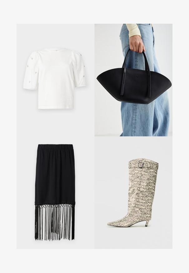 Hvit bomull T-skjorte med korte pufferm, med små sølvdekorasjoner langs ermene. Klassisk rund hals, avslappet passform.; Svart skjørt med elastisk midje og frynset kant. Frynsene er laget av tynne tråder, som tilfører tekstur og detaljer til designet.; Knæhøye støvler laget av mønstret faux skinn i krem og svart, med spiss tå og en liten, blokkhelt med spenne.; Svart skinnveske med en unik vifteform, med flate håndtak. Overflaten har en pebblelignende tekstur og et minimalistisk design.