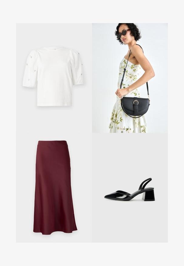 Valge puuvillane T-särk lühikeste puffkäistega, millel on väikesed hõbedased kaunistused käiste servades. Klassikaline ümmargune kaelus, vaba ja mugav lõige.; Selected Femme SLFLENA - A-lõikeline seelik - zinfandel; Mustad musta lakknahk kingad, millel on terav varvas ja geomeetriline plokkkonts. Omab elegantselt minimalistlikku disaini ja sujuvat tekstuuri.; Mustmust mustraha kõverate joontega, eemaldatava rihmaga ja kuldsete detailidega. Kotil on klapp, millel on pandladetail.