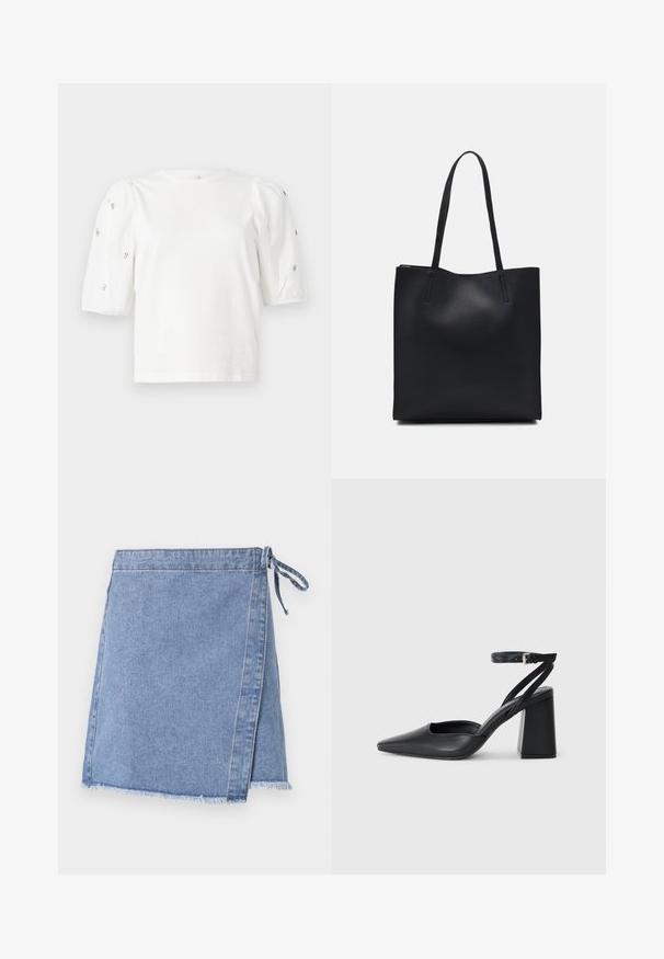 Balta kokvilnas t-kreklu ar īsām puff piedurknēm, ar nelieliem sudraba rotājumiem gar piedurknēm. Klasisks apaļš izgriezums, brīvā piegriezuma.; Gaiši zils džinsa apakšsvārks ar sasienamu aizdari, izfrēzētu apakšu un taisnu griezumu ar vieglu A formu.; Melna ādas augstpapēžu kurpe ar norakstīto purngala formu, potītes siksniņu un masīlu papēdi. Gluda tekstūra, elegants dizains un minimālisma estētika.; Melnas ādas somiņa ar gludu tekstūru, taisnstūra formu un divām garām rokturiem. Nav redzamu aparatūras vai rotājumu.