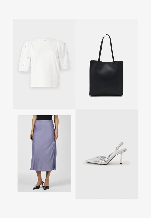 Fehér pamut póló rövid puffos ujjakkal, a ujjain kicsi ezüst díszítések találhatók. Klasszikus kerek nyakú, laza fazonú.; Szatén midi szoknya puha levendula színben, sima textúrával, oldalsó hasítékkal, fekete magassarkú mules-zal viselve. Egy szűk fekete inggel párosítva.; Ezüst slingback magas sarkú cipő hegyes orral, fémszerű felülettel, két dekoratív pánttal és vékony sarkú, fekete végű dizájnnal.; Fekete bőrtáska sima felszínnel, téglalap alakú, két hosszú füllel. Nincs látható fémkiegészítő vagy díszítés.