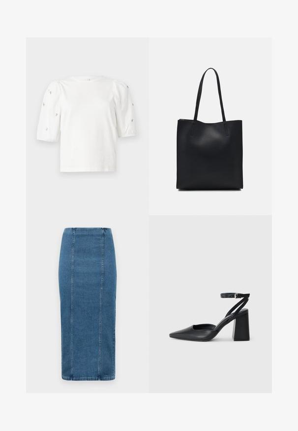 T-shirt branca de algodão com mangas puff curtas, apresentando pequenos embellissements prateados ao longo das mangas. Decote redondo clássico, corte descontraído.; Saia lápis de denim azul com costuras verticais e uma cintura alta, caindo abaixo do joelho, apresentada sobre um fundo branco.; Sandal com biqueira afilada em couro preto, com cinta no tornozelo e salto grosso. Textura lisa, design elegante e estética minimalista.; Bolsa tote preta em couro com textura lisa, forma retangular e duas alças longas. Sem hardware ou enfeites visíveis.