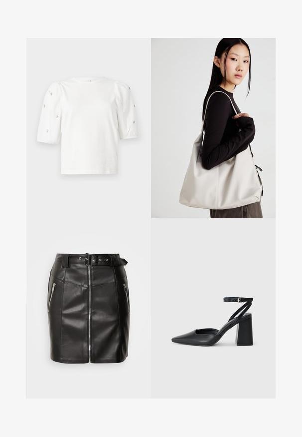 Tricou alb din bumbac cu mâneci scurte tip bufantă, având mici embellisheuri argintii pe mâneci. Decolteu clasic rotund, croială lejeră.; Fustă mini din piele neagră cu un design ajustat, dotată cu un fermoar frontal, două buzunare laterale și o curea cu cataramă. Textură netedă.; Pantofii cu toc ascuțit din piele neagră, cu breteaua pentru glezne și toc gros. Textură netedă, design elegant și estetică minimală.; Geantă bej din material moale, cu un design lejer, detalii cusute și două bretele pentru umăr. Potrivită pentru utilizarea zilnică.