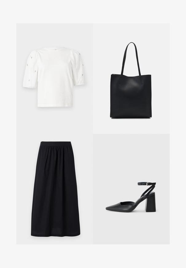 Biela bavlnená tričko s krátkymi volánovými rukávmi, zdobené malými striebornými ozdobami pozdĺž rukávov. Klasický okrúhly výstrih, voľný strih.; Čierna midi sukňa s gumičkovým elastickým pásom, hladkým povrchom a voľným siluetou, navrhnutá pre pohodlie a ľahký pohyb.; Čierne kožené lodičky s špicatou špičkou a členkovým remienkom, s masívnym podpätkom. Hladký povrch, elegantný dizajn a minimalistická estetika.; Čierna kožená taška na rameno s hladkým povrchom, obdĺžnikovým tvarom a dvoma dlhými uchami. Bez viditeľného kovania alebo ozdôb.