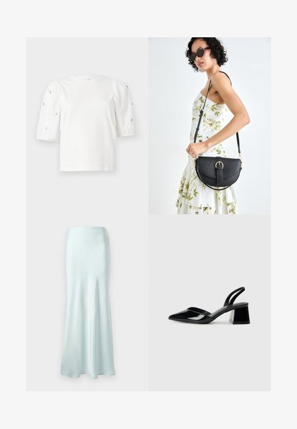 Bela bombažna majica s kratkimi rokavi s pufastimi rokavi, ki ima majhne srebrne okrase vzdolž rokavov. Klasičen okrogel izrez, sproščen kroj.; Svetlo modra satenasta maxi krila z gladko teksturo, razširjenim robom in prilegajočim se pasom. Zasnovana za tekočo silhueto.; Črne lakirane slingback pete s koničastim nosom in geometrijsko blokasto peto. Imajo eleganten, minimalističen dizajn in gladko teksturo.; Črna usnjena torbica s ukrivljeno obliko, z odstranljivo naramnico in zlatimi dodatki. Torbica ima pokrov s podrobnostmi v obliki zaponke.