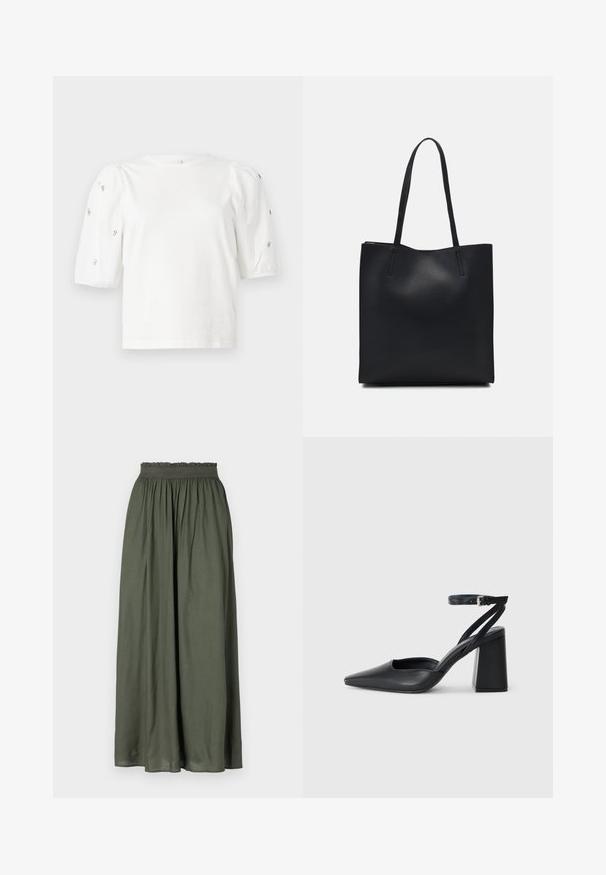 Bijela pamučna majica s kratkim puf rukavima, s malim srebrnim ukrasima duž rukava. Klasičan okrugli izrez, opušteni kroj.; Tamnozelena maxi suknja napravljena od lagane tkanine, sa nabranim elastičnim pojasom i prozračno dizajnom sa plisekama.; Crne kožne cipele s špicastim vrhom, remenom oko gležnja i debelim potplatom. Ravna tekstura, elegantan dizajn i minimalistička estetika.; Crna kožna torba za nošenje s glatkom teksturom, pravokutnim oblikom i dvije duge ručke. Nema vidljivih metalnih dijelova ili ukrasa.