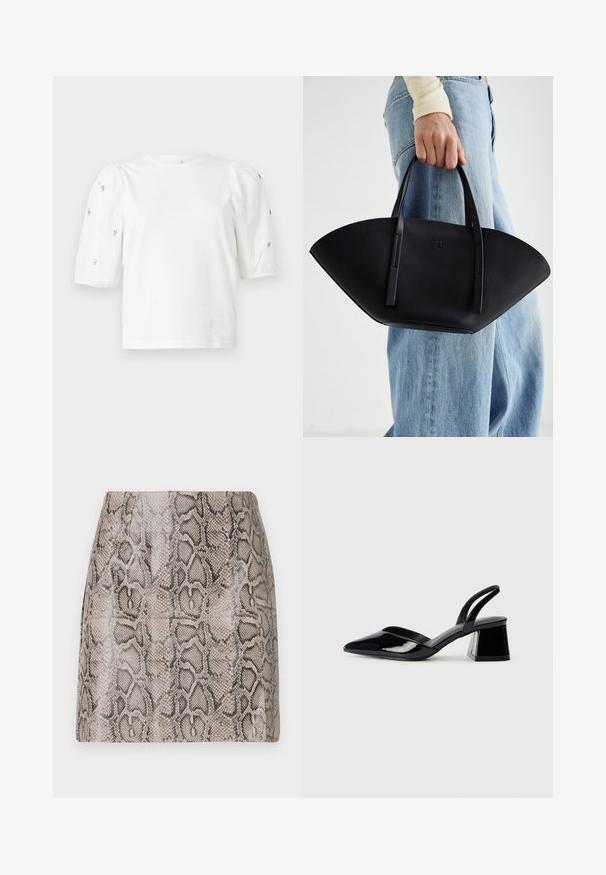 Valge puuvillane T-särk lühikeste puffkäistega, millel on väikesed hõbedased kaunistused käiste servades. Klassikaline ümmargune kaelus, vaba ja mugav lõige.; Kitsas mini seelik, mis on valmistatud läikivast, tekstureeritud kunstnahast, millel on beeži ja musta värvi peene kääriga nahamuster, sile viimistlus ja nähtamatud kinnitused.; Mustad musta lakknahk kingad, millel on terav varvas ja geomeetriline plokkkonts. Omab elegantselt minimalistlikku disaini ja sujuvat tekstuuri.; Must mustra kott, millel on unikaalne fännikujuline disain, millel on lapikud käepidemed. Pinna tekstuur on kivikujuline ja disain on minimalistlik.