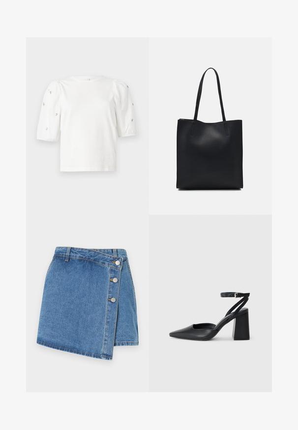 Hvit bomull T-skjorte med korte pufferm, med små sølvdekorasjoner langs ermene. Klassisk rund hals, avslappet passform.; Denim omslagsskjørt i lys blå. Har høy midje, skrå kant og tre metallknapper på siden. Glatt tekstur med subtile sømmer.; Svart lær pumps med spiss tå, ankelrem og kraftig hæl. Flat tekstur, strømlinjeformet design og minimalisme.; Svart lær tote bag med glatt tekstur, rektangulær form og to lange håndtak. Ingen synlige deler eller dekorasjoner.