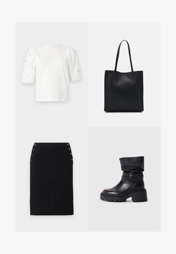 T-shirt en coton blanc à manches courtes bouffantes, avec de petites embellissements en argent le long des manches. Encolure arrondie classique, coupe décontractée.; Jupe crayon en denim noir avec une silhouette droite, dotée de grandes boutons décoratifs sur le côté gauche et d'un détail de couture à l'avant.; Bottine en cuir noir avec une tige décontractée, détail de boucle et semelle épaisse et robuste. Elle présente un bout rond et une texture lisse.; Sac fourre-tout en cuir noir avec une texture lisse, de forme rectangulaire et deux longues poignées. Pas de matériel ou d'ornementations visibles.