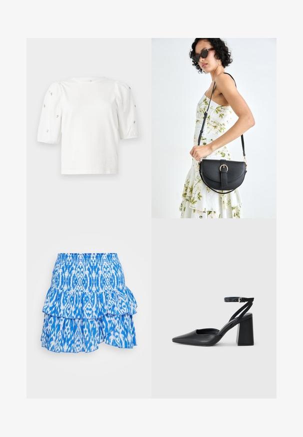 Balta medvilnės marškinėliai trumpomis pūstomis rankovėmis, papuošti mažomis sidabrinėmis detalėmis ant rankovių. Klasikinis apvalus iškirpimas, laisvas siluetas.; Mėlyna ir balta sluoksniuota, raukšlėta sijonas su guma juosmenyje, turintis abstrakčią raštą lengvoje medžiagoje.; Juoda odinė smailiagalė aukštakulnio bateliai su kulkšnies dirželiu ir storu kulnu. Lygus paviršius, elegantiškas dizainas ir minimalistiška estetinė. ; Juodas odinis krepšys su išlenkta forma, nuimamu dirželiu ir auksiniais detalėmis. Krepšys turi kilpą su sagtimi.