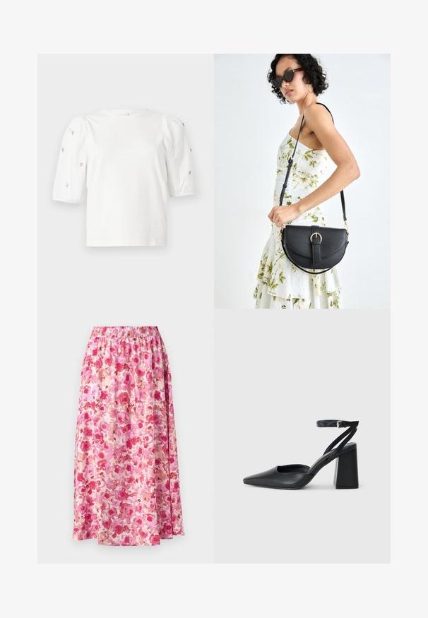 Biela bavlnená tričko s krátkymi volánovými rukávmi, zdobené malými striebornými ozdobami pozdĺž rukávov. Klasický okrúhly výstrih, voľný strih.; Kvetinová maxi sukňa so zhromaždeným pásom. Disponuje jasným ružovým a krémovým kvetinovým vzorom na ľahkej tkanine.; Čierne kožené lodičky s špicatou špičkou a členkovým remienkom, s masívnym podpätkom. Hladký povrch, elegantný dizajn a minimalistická estetika.; Čierna kožená kabelka s zaobleným tvarom, odnímateľným popruhom a zlatými doplnkami. Kabelka má klopu s detailom s prackou.