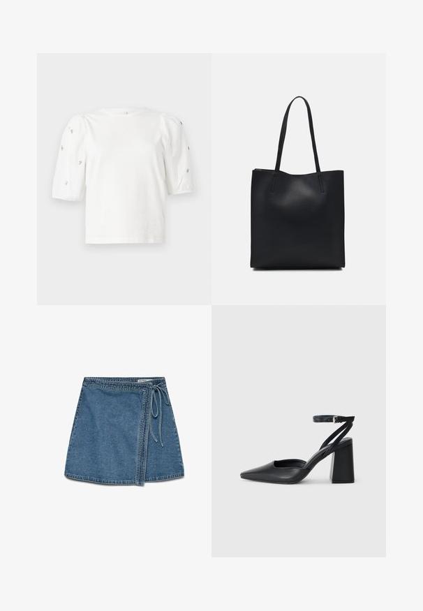 Fehér pamut póló rövid puffos ujjakkal, a ujjain kicsi ezüst díszítések találhatók. Klasszikus kerek nyakú, laza fazonú.; Világoskék farmer rakott szoknya, derékra köthető, egyenes szabású és sima tapintású. Nincsenek látható minták vagy díszítések.; Fekete bőr, hegyes orrú magassarkú cipő boka pánttal és vastag sarokkal. Sima textúra, elegáns dizájn és minimális esztétika.; Fekete bőrtáska sima felszínnel, téglalap alakú, két hosszú füllel. Nincs látható fémkiegészítő vagy díszítés.