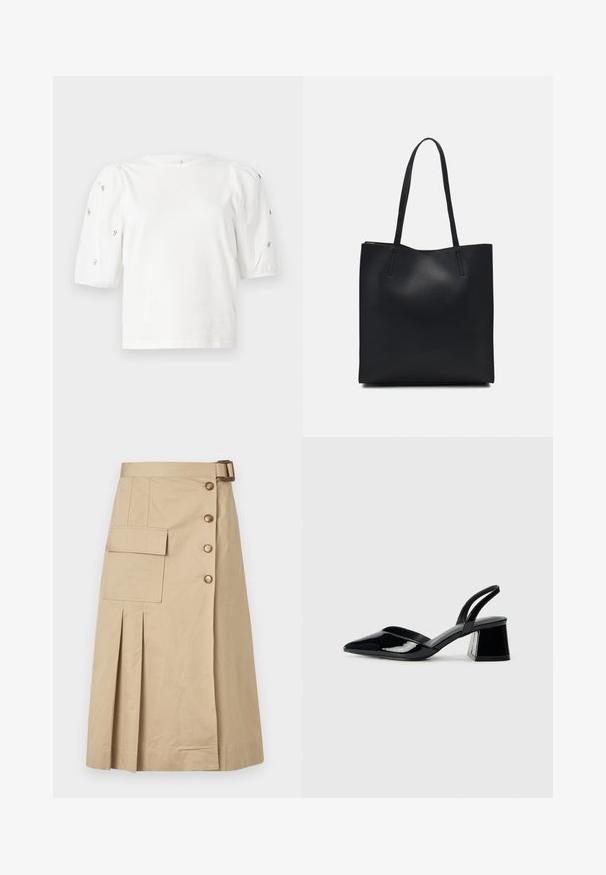 Biela bavlnená tričko s krátkymi volánovými rukávmi, zdobené malými striebornými ozdobami pozdĺž rukávov. Klasický okrúhly výstrih, voľný strih.; Béžová sukňa po kolená vyrobená z bavlneného zmesi. Obsahuje predné gombíky, bočnú kapsu a skladby pre štruktúru. Hladká textúra.; Čierne lakované kožené sandálové podpätky s špicatou špičkou a geometrickým blokovým podpätkom. Disponujú elegantným, minimalistickým dizajnom a hladkým povrchom.; Čierna kožená taška na rameno s hladkým povrchom, obdĺžnikovým tvarom a dvoma dlhými uchami. Bez viditeľného kovania alebo ozdôb.