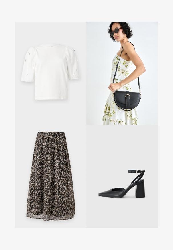 Bílý bavlněný tričko s krátkými nabíranými rukávy, zdobené malými stříbrnými detaily podél rukávů. Klasický kulatý výstřih, volný střih.; Černá midi sukně vyrobená z lehkého materiálu, s květinovým vzorem v béžové a krémové barvě. Elastický pas pro nastavitelnou velikost.; Černé kožené lodičky se špičatou špičkou, kotníkovým páskem a silným podpatkem. Hladká textura, elegantní design a minimalistická estetika.; Černá kožená kabelka s křivkovým tvarem, odnímatelným popruhem a zlatými detaily. Kabelka má klopu s přezkou.