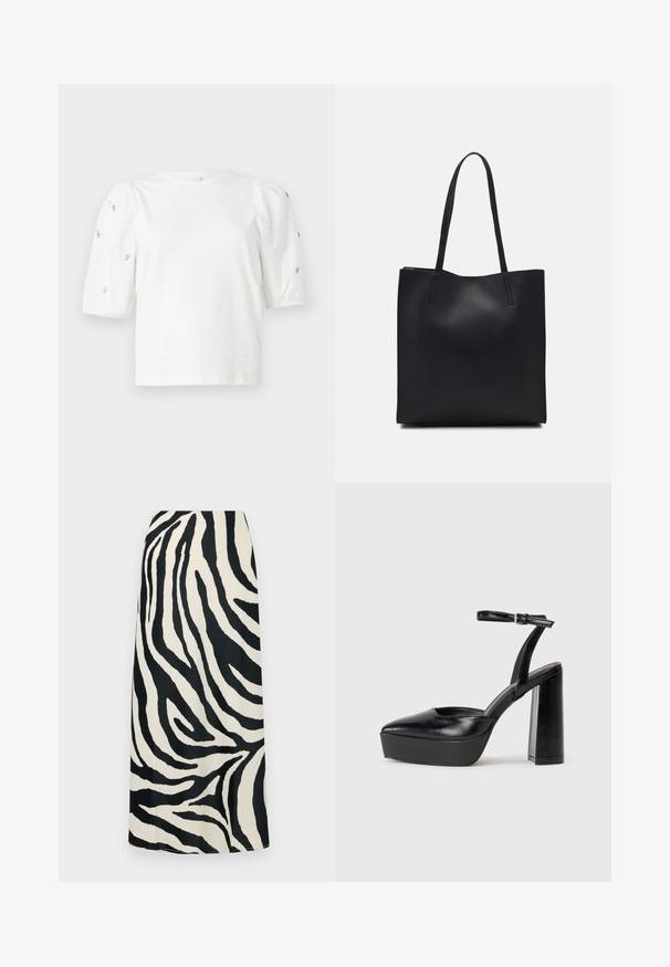 White cotton t-shirt with short puff sleeves, featuring small silver embellishments along the sleeves. Classic round neckline, relaxed fit.; Black and white zebra-striped maxi skirt with a smooth texture, featuring a high waist and a straight silhouette.; Black platform heels with a pointed toe and adjustable ankle strap. Constructed from smooth leather, featuring a chunky block heel.; Black leather tote bag with smooth texture, rectangular shape, and two long handles. No visible hardware or embellishments.