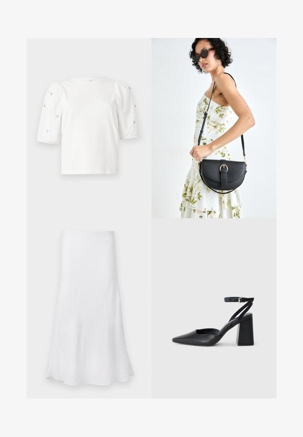 Balta medvilnės marškinėliai trumpomis pūstomis rankovėmis, papuošti mažomis sidabrinėmis detalėmis ant rankovių. Klasikinis apvalus iškirpimas, laisvas siluetas.; Balta sijonas su laisvai krintančia A formos siluetu, pagamintas iš lengvos medžiagos. Lygus paviršius, iki kelių ilgio, su paprastu dizainu be raštų.; Juoda odinė smailiagalė aukštakulnio bateliai su kulkšnies dirželiu ir storu kulnu. Lygus paviršius, elegantiškas dizainas ir minimalistiška estetinė. ; Juodas odinis krepšys su išlenkta forma, nuimamu dirželiu ir auksiniais detalėmis. Krepšys turi kilpą su sagtimi.