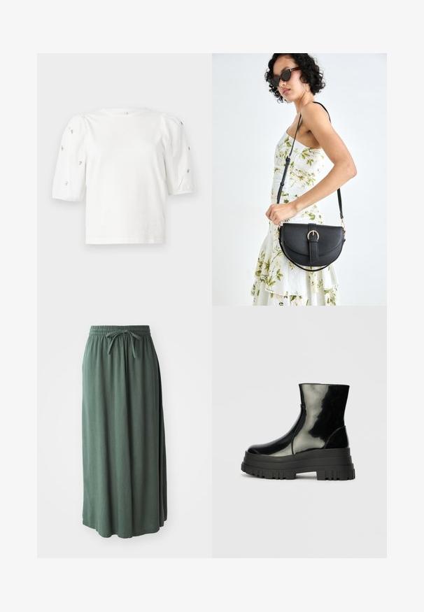 Bela bombažna majica s kratkimi rokavi s pufastimi rokavi, ki ima majhne srebrne okrase vzdolž rokavov. Klasičen okrogel izrez, sproščen kroj.; Zelena, srednje dolga krila iz mehkega blaga z elastičnim pasom in nastavljivim vrvico; gladka tekstura in preprost dizajn.; Črne sijajne gležnjarje z debelim profilom podplata in zaobljenim nosom, stranski pogled na enostavni svetlo sivi ozadju.; Črna usnjena torbica s ukrivljeno obliko, z odstranljivo naramnico in zlatimi dodatki. Torbica ima pokrov s podrobnostmi v obliki zaponke.