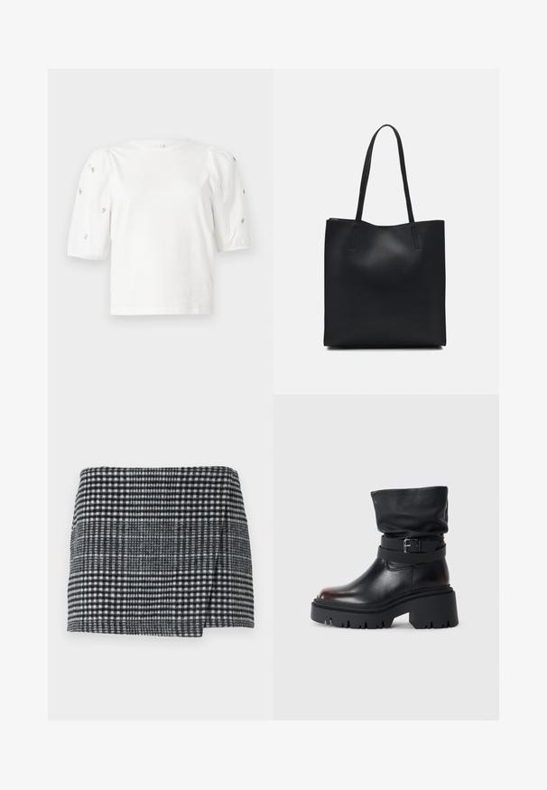 Bílý bavlněný tričko s krátkými nabíranými rukávy, zdobené malými stříbrnými detaily podél rukávů. Klasický kulatý výstřih, volný střih.; Vlněná mini sukně s černobílým kostkovaným vzorem, rovný střih s mírně asymetrickým lemem a texturovanou tkaninou.; Černé kožené kotníkové boty s volným horním dílem, detailem přezky a silnou, robustní podešví. Mají kulatou špičku a hladký povrch.; Černá kožená taška přes rameno s hladkým povrchem, obdélníkovým tvarem a dvěma dlouhými uchy. Žádné viditelné kování ani ozdoby.