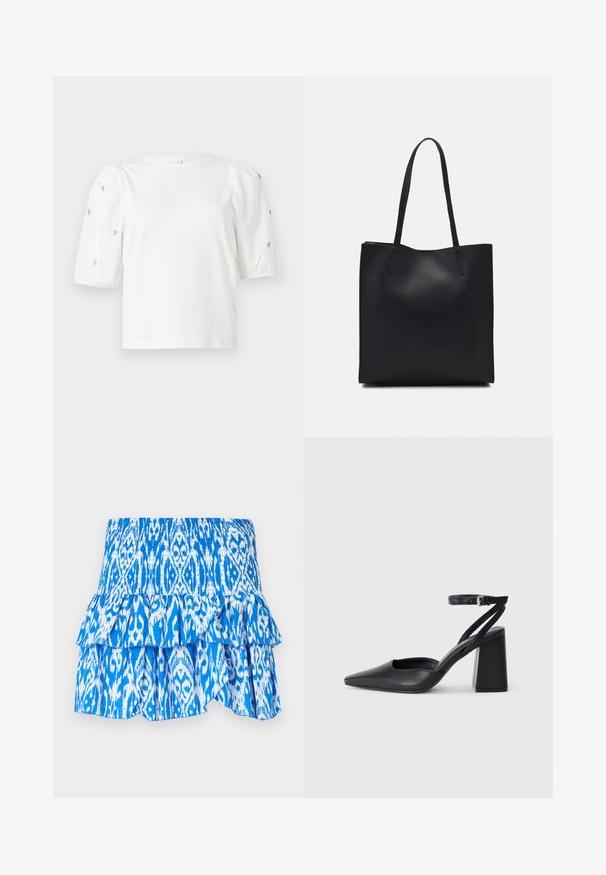 Camiseta de algodón blanca con mangas cortas tipo globo, que presenta pequeños adornos plateados en las mangas. Cuello redondo clásico, corte holgado.; Falda azul y blanca con un diseño estampado, cintura fruncida, dobladillo de capas con volantes y tejido ligero. Presenta un diseño estilo ikat.; Zapato de tacón puntiagudo de cuero negro con tira en el tobillo y tacón ancho. Textura plana, diseño elegante y estética minimalista.; Bolso tote de cuero negro con textura lisa, forma rectangular y dos asas largas. Sin herrajes ni adornos visibles.