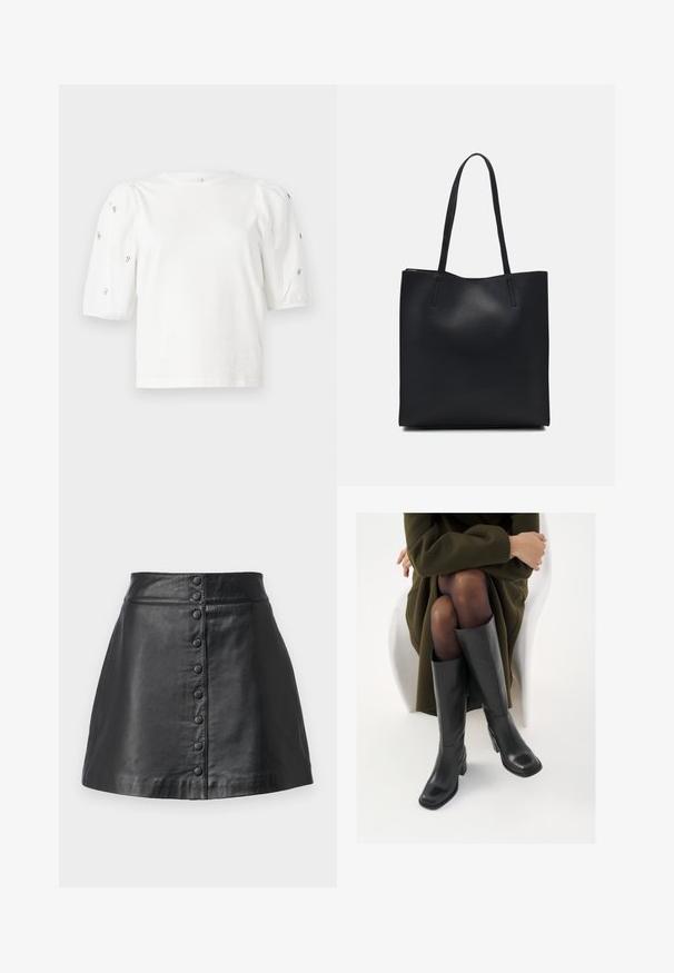 Fehér pamut póló rövid puffos ujjakkal, a ujjain kicsi ezüst díszítések találhatók. Klasszikus kerek nyakú, laza fazonú.; Fekete bőr mini szoknya egyenes vonallal, sima textúrával és elöl gombos zárással, nyolc egyenletesen elhelyezett gombbal.; Térdfelett érő fekete bőr csizmák négyzet alakú orral és tömbtalppal, olajzöld kabátban ülő modellel bemutatva. Simaság, minimalista részletezés.; Fekete bőrtáska sima felszínnel, téglalap alakú, két hosszú füllel. Nincs látható fémkiegészítő vagy díszítés.