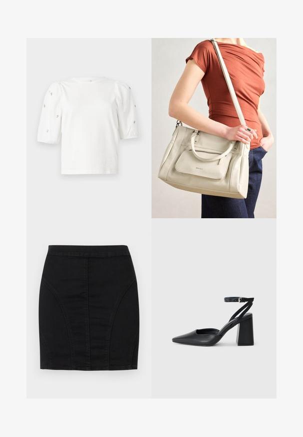 T-shirt branca de algodão com mangas puff curtas, apresentando pequenos embellissements prateados ao longo das mangas. Decote redondo clássico, corte descontraído.; Saia mini em denim preto com um design justo, painéis estruturados e costuras visíveis para um detalhe extra. Textura suave e silhueta elegante.; Sandal com biqueira afilada em couro preto, com cinta no tornozelo e salto grosso. Textura lisa, design elegante e estética minimalista.; Bolsa de couro branca com alças duplas e uma alça destacável, apresentando um bolso frontal com fecho e textura suave. A bolsa está a ser carregada no braço de uma pessoa.