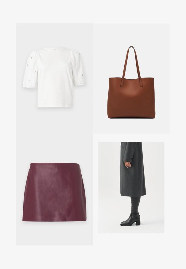 T-shirt branca de algodão com mangas puff curtas, apresentando pequenos embellissements prateados ao longo das mangas. Decote redondo clássico, corte descontraído.; Mini saia em couro borgonha liso com corte reto e sem embelezamentos ou fechos visíveis.; Casaco cinza, ajustado, com corte reto; combinado com botas de couro pretas até ao joelho, com biqueira quadrada e salto grosso.; Bolsa tote de couro castanho com uma textura suave, design de abertura superior e duas alças para o ombro. Apresenta costura mínima e sem hardware visível.