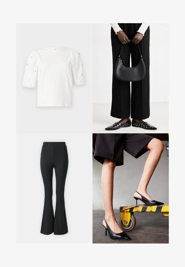 Bijela pamučna majica s kratkim puf rukavima, s malim srebrnim ukrasima duž rukava. Klasičan okrugli izrez, opušteni kroj.; Crne traperice sa širokim nogavicama izrađene od rastezljivog materijala. Imaju visok struk i glatki, prilagođeni dizajn koji se širi od koljena prema dolje.; Crne slingback potpetice s šiljastim vrhom, s sjajnim lakiranim vrhom. Stiletto potpetica, glatki kožni dizajn i minimalistički silueta.; Crna kožna torba preko ramena zaobljenog oblika, s sjajnom završnom obradom i srebrnim hardverom. Osoba nosi crne hlače širokog kroja i loaferice sa studovima.