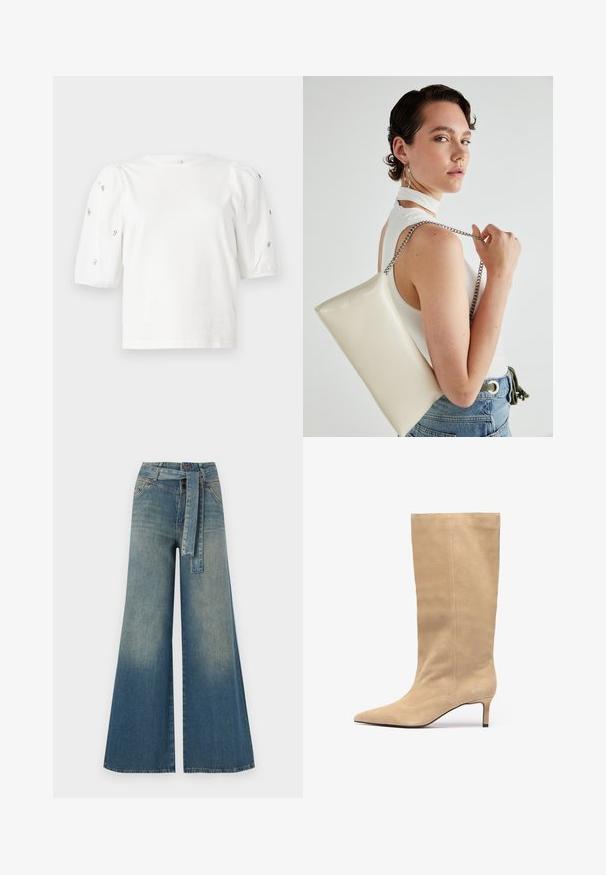 Bela bombažna majica s kratkimi rokavi s pufastimi rokavi, ki ima majhne srebrne okrase vzdolž rokavov. Klasičen okrogel izrez, sproščen kroj.; Široke jeans hlače z gradientom od svetlo do temno modre, visokim pasom, zankami za pas in pasom iz istega materiala. Tekstura denim končnica.; Bežna nubuk visoka čizma do kolen s uskim vrhom in ozkim petom. Ima vertikalne šive vzdolž droga za dodatno podrobnost.; Bela pravokotna torbica za ključe iz sijajnega materiala, opremljena s srebrno verižico. Model pozira in prikazuje torbico na enobarvni podlagi.