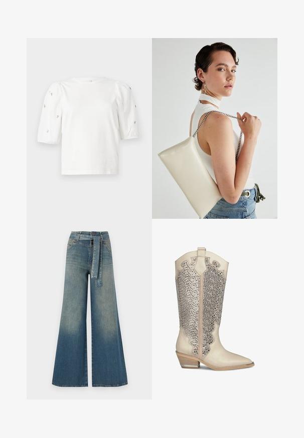 Biała bawełniana koszulka z krótkimi bufkami, ozdobiona małymi srebrnymi detalami na rękawach. Klasyczny okrągły dekolt, luźny krój.; Szerokie spodnie dżinsowe z gradientem od jasnoniebieskiego do ciemnoniebieskiego, wysokim stanem, szlufkami na pasek oraz pasującym paskiem z tkaniny. Teksturowany wykończenie dżinsu.; Beżowe kowbojskie botki z ostrym noskiem, ozdobione srebrnymi dżetami i falistym wykończeniem na górze; zbudowany z drewna obcas.; Biała prostokątna kopertówka wykonana z błyszczącego materiału, z srebrnym łańcuszkiem. Modelka pozuje, prezentując torebkę na jednolitym tle.