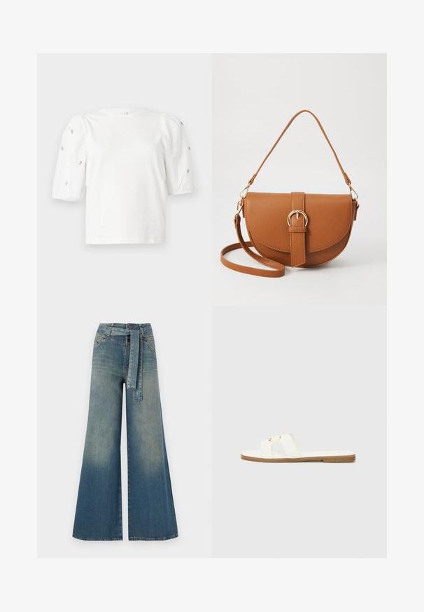 Tricou alb din bumbac cu mâneci scurte tip bufantă, având mici embellisheuri argintii pe mâneci. Decolteu clasic rotund, croială lejeră.; Pantaloni din denim largi, cu un gradient de la albastru deschis la albastru închis, talie înaltă, bucle pentru curea și o curea din același material. Finisaj texturat din denim.; Sandale plate albe, cu un design minimalist, având două curele încrucișate și accente din metal de culoare aurie pe o talpă maro.; Geantă din piele maro, tip crossbody, cu o formă curbată, accesorii aurii și un accent cu cataramă. Dispune de un curea de umăr detașabilă.