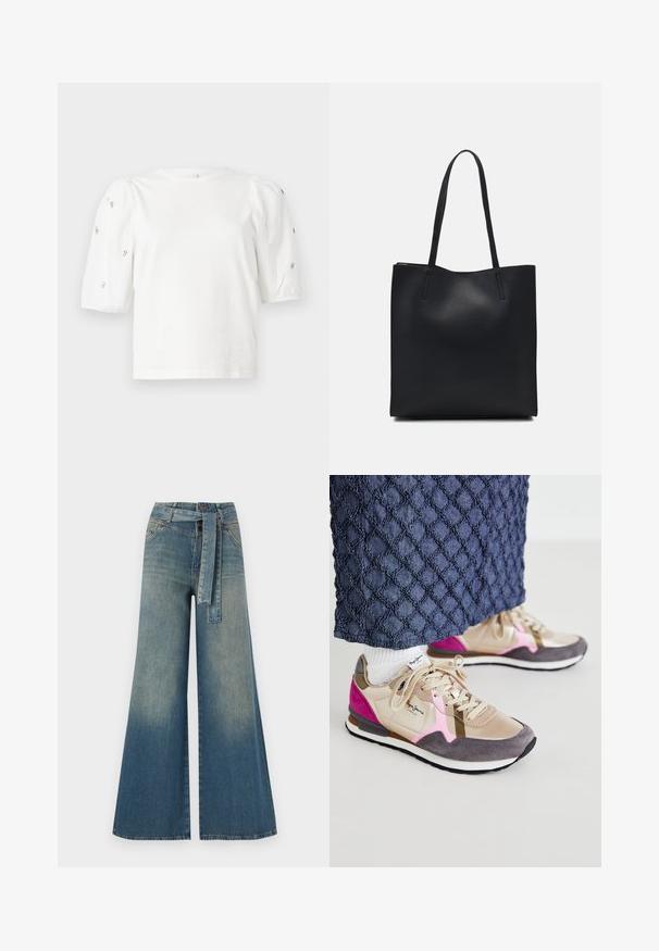 Hvid bomulds t-shirt med korte puffærmer, med små sølv detaljer langs ærmerne. Klassisk rund halsudskæring, afslappet pasform.; Bredbens-denimbukser med en lys til mørk blå gradient, høj talje, bælteløkker og et matchende stofbælte. Tekstureret denimfinish.; Sneakers i beige, grå og lyserøde nuancer har en blanding af glat læder og ruskind. Udstyret med snørebånd og en kontrasterende hvid sål.; Sort læder tote taske med glat tekstur, rektangulær form og to lange hanke. Ingen synlig hardware eller udsmykninger.