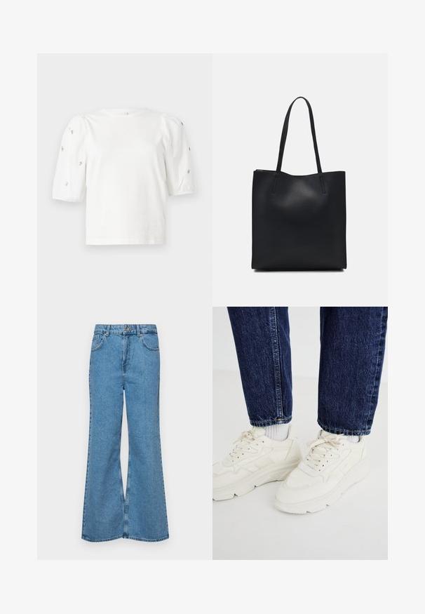 Bijela pamučna majica s kratkim puf rukavima, s malim srebrnim ukrasima duž rukava. Klasičan okrugli izrez, opušteni kroj.; Svijetloplave traperice s flared nogavicama, visokog struka, s pet džepova i jednim dugmetom za zatvaranje. Mekani materijal s izblijedjelim izgledom.; Bijele atletske tenisice s debelim potplatom, dizajnom s vezicama i teksturiranim panelima. Uparene s tamnoplavim trapericama i svijetlosivim čarapama.; Crna kožna torba za nošenje s glatkom teksturom, pravokutnim oblikom i dvije duge ručke. Nema vidljivih metalnih dijelova ili ukrasa.