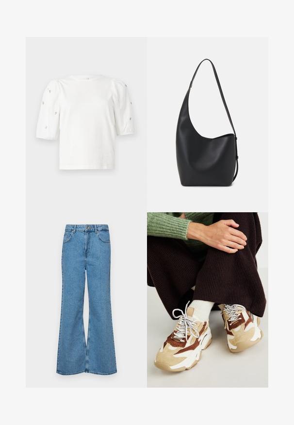 T-shirt en coton blanc à manches courtes bouffantes, avec de petites embellissements en argent le long des manches. Encolure arrondie classique, coupe décontractée.; Jean flare bleu clair en denim, avec une taille haute, cinq poches et une fermeture à un bouton. Texture douce avec une finition décolorée.; Steve Madden POSSESSIONE - Baskets basses - brown/sand; Sac hobo en cuir noir avec une texture lisse, une forme incurvée et une seule sangle réglable ; dispose d'une large ouverture en haut.