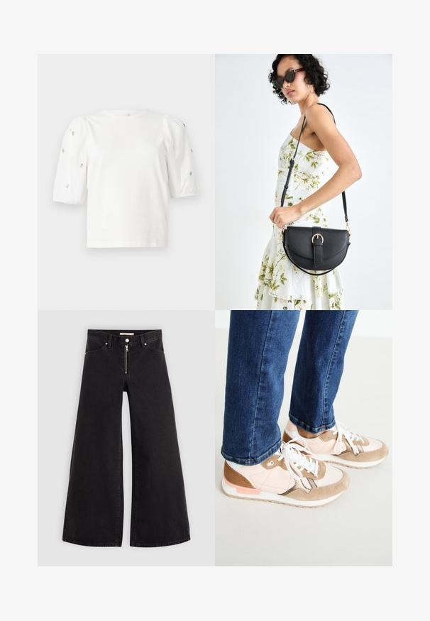 Tricou alb din bumbac cu mâneci scurte tip bufantă, având mici embellisheuri argintii pe mâneci. Decolteu clasic rotund, croială lejeră.; Jeans cu picioare largi din denim negru, cu fermoar în față, design cu cinci buzunare și detalii subtile de cusătură. Textură netedă și stil casual.; Adidași cu un amestec de piele roz pal și sueded bej, având șireturi albe, o talpă intermediară albă și o talpă exterioară texturată din cauciuc. Blugii denim sunt ușor scurtați deasupra încălțămintei.; Geantă din piele neagră, cu o formă curbată, curea detașabilă și accesorii aurii. Geanta are un capac cu un detaliu tip cataramă.