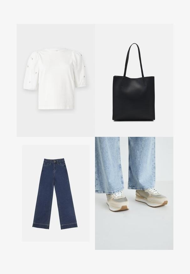 Bílý bavlněný tričko s krátkými nabíranými rukávy, zdobené malými stříbrnými detaily podél rukávů. Klasický kulatý výstřih, volný střih.; Džíny s širokými nohavicemi v tmavě modrém denimovém provedení. Disponují pěti kapsami, poutky na opasek a surovým lemem na spodní straně s viditelnými detailem šití.; Béžové a šedé tenisky s kombinací semiše a reflexního materiálu, bílé tkaničky, gumová podrážka a texturované detaily. Naprosto se hodí k světle modrým džínům.; Černá kožená taška přes rameno s hladkým povrchem, obdélníkovým tvarem a dvěma dlouhými uchy. Žádné viditelné kování ani ozdoby.
