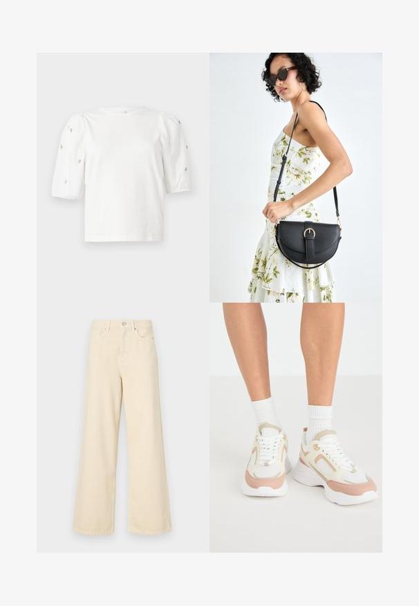 T-shirt branca de algodão com mangas puff curtas, apresentando pequenos embellissements prateados ao longo das mangas. Decote redondo clássico, corte descontraído.; Jeans de perna larga bege feitos de algodão. Apresentam um fecho de botão, passadores para cinto e bolsos frontais com uma textura lisa e suave.; Sapatilhas brancas e rosa claro com painéis de malha, bico arredondado, sola grossa e design de atacadores. Inclui pormenores em bege claro.; Bolsa de couro preta com forma curva, alça destacável e detalhes em dourado. A bolsa possui uma aba com detalhe de fivela.