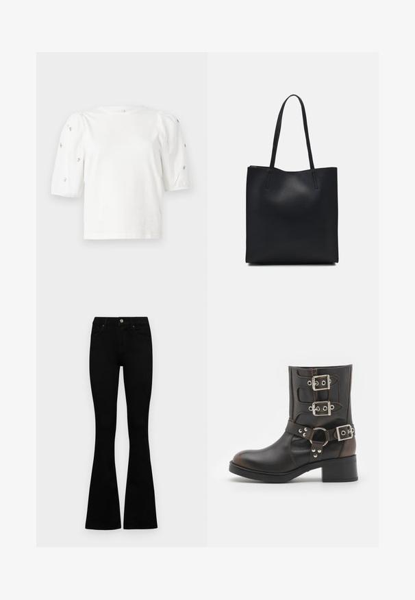 White cotton t-shirt with short puff sleeves, featuring small silver embellishments along the sleeves. Classic round neckline, relaxed fit.; Black high-waist jeans with a button and zip closure, front pockets, and flared legs laid flat on a white background.; Black leather ankle boot with three adjustable silver buckles, a circular accent strap, and a low block heel. Smooth texture and rounded toe.; Black leather tote bag with smooth texture, rectangular shape, and two long handles. No visible hardware or embellishments.