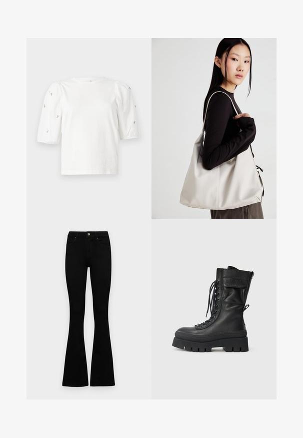 Fehér pamut póló rövid puffos ujjakkal, a ujjain kicsi ezüst díszítések találhatók. Klasszikus kerek nyakú, laza fazonú.; Fekete, magas derekú farmernadrág gomb- és cipzárzárral, elülső zsebekkel és harangszárral, laposan egy fehér háttérre terítve.; Fekete bőr katonai bakancs magas szárú, fűzős elülsőrész, texturált díszítések, vastag talp és varrott részletek jellemzik. Hátsó húzófüllel rendelkezik.; Puha anyagból készült bézs kézitáska, laza dizájnnal, varrott részletekkel és két vállpánttal. Mindennapi használatra alkalmas.