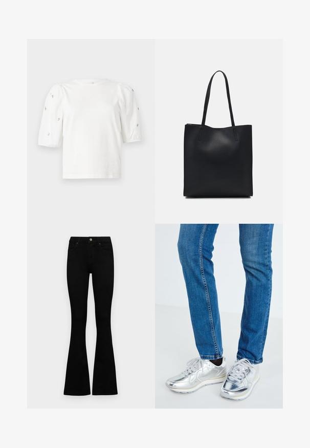 Valkoinen puuvillainen t-paita lyhyillä puffihihnoilla, joissa on pieniä hopeisia koristeita hihojen varrella. Klassinen pyöreä kaula-aukko, rento malli.; Mustat korkeavyötäröiset farkut nappi- ja vetskariyläosalla, etutaskuilla ja levenevillä lahkeilla, asetettuna tasaisesti valkoista taustaa vasten.; Hopeakylkiset lenkkarit, joissa on sileä pinta, pyöreä kärki ja valkoinen kumipohja, yhdistettynä istuviin sinisiin farkkuihin, joissa on himmeät ompelen.; Mustapahkainen kangaskassi, jossa on sileä pinta, suorakaiteen muotoinen ja kaksi pitkää kahvaa. Ei näkyvää metalliosaa tai koristeita.