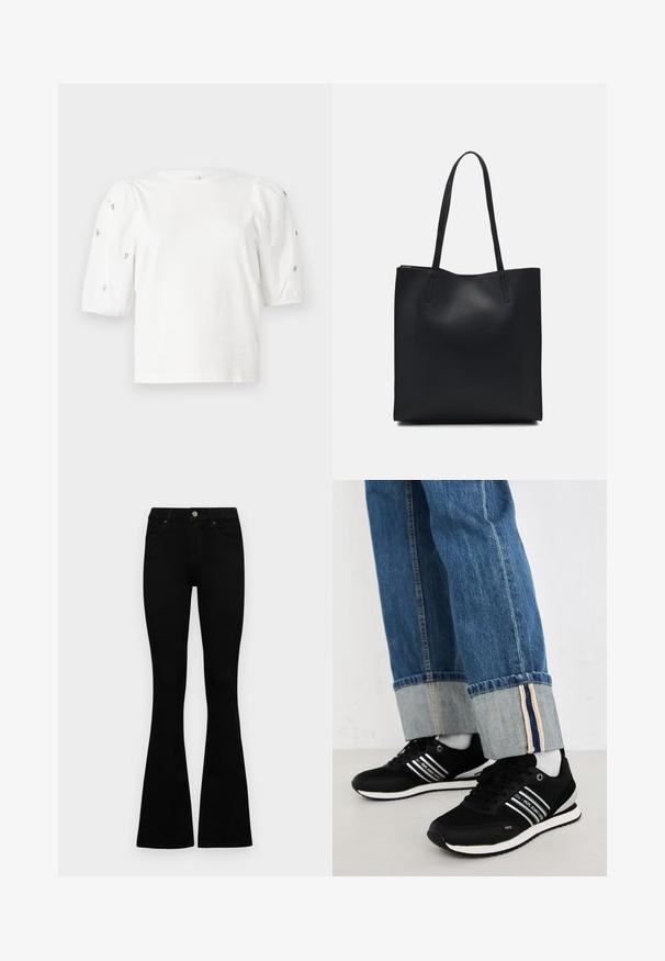 Fehér pamut póló rövid puffos ujjakkal, a ujjain kicsi ezüst díszítések találhatók. Klasszikus kerek nyakú, laza fazonú.; Fekete, magas derekú farmernadrág gomb- és cipzárzárral, elülső zsebekkel és harangszárral, laposan egy fehér háttérre terítve.; Fekete sportcipő fehér csíkokkal, kék farmernadrággal párosítva, amelynek az alja fel van hajtva, és kontrasztos bélés található benne. Puha talp, minimális dizájn.; Fekete bőrtáska sima felszínnel, téglalap alakú, két hosszú füllel. Nincs látható fémkiegészítő vagy díszítés.